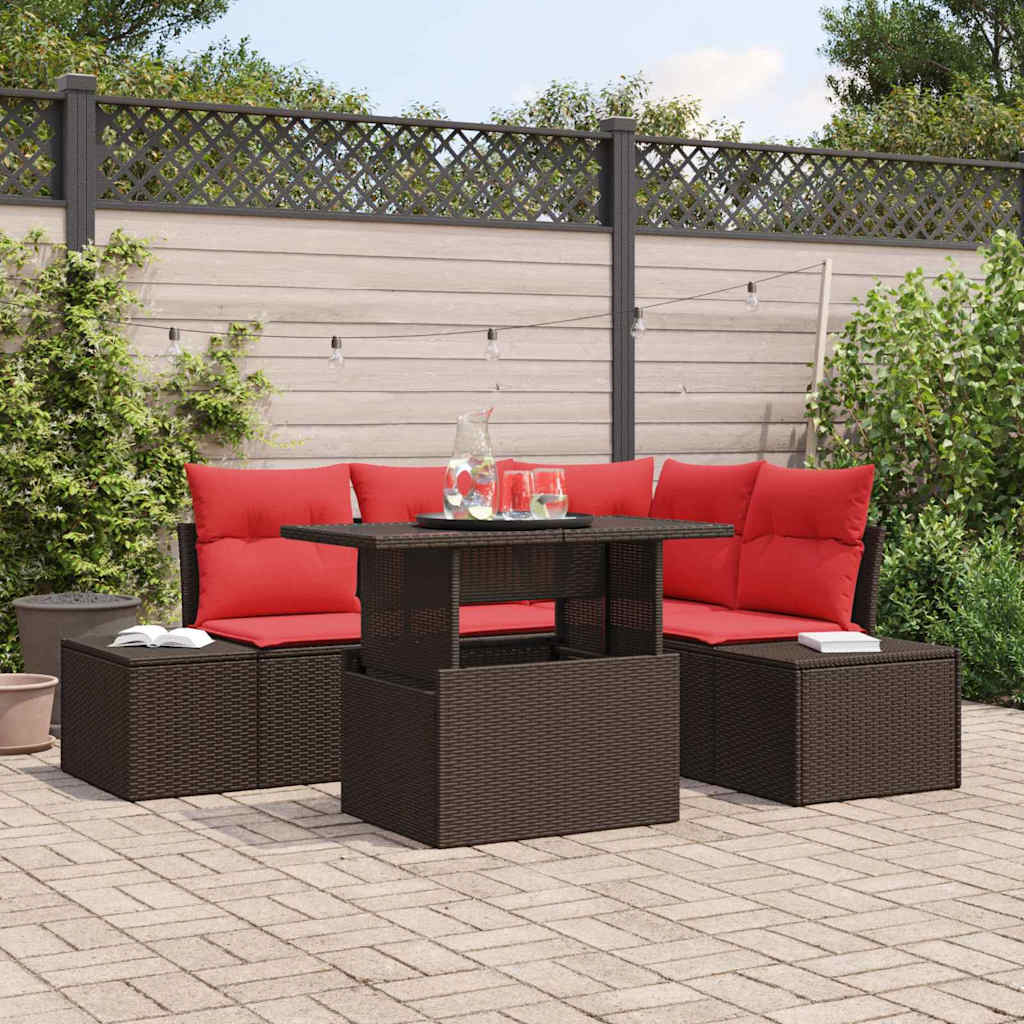 Havesofa Sæt med pude 6 pcs Brun og Rød polyrattan