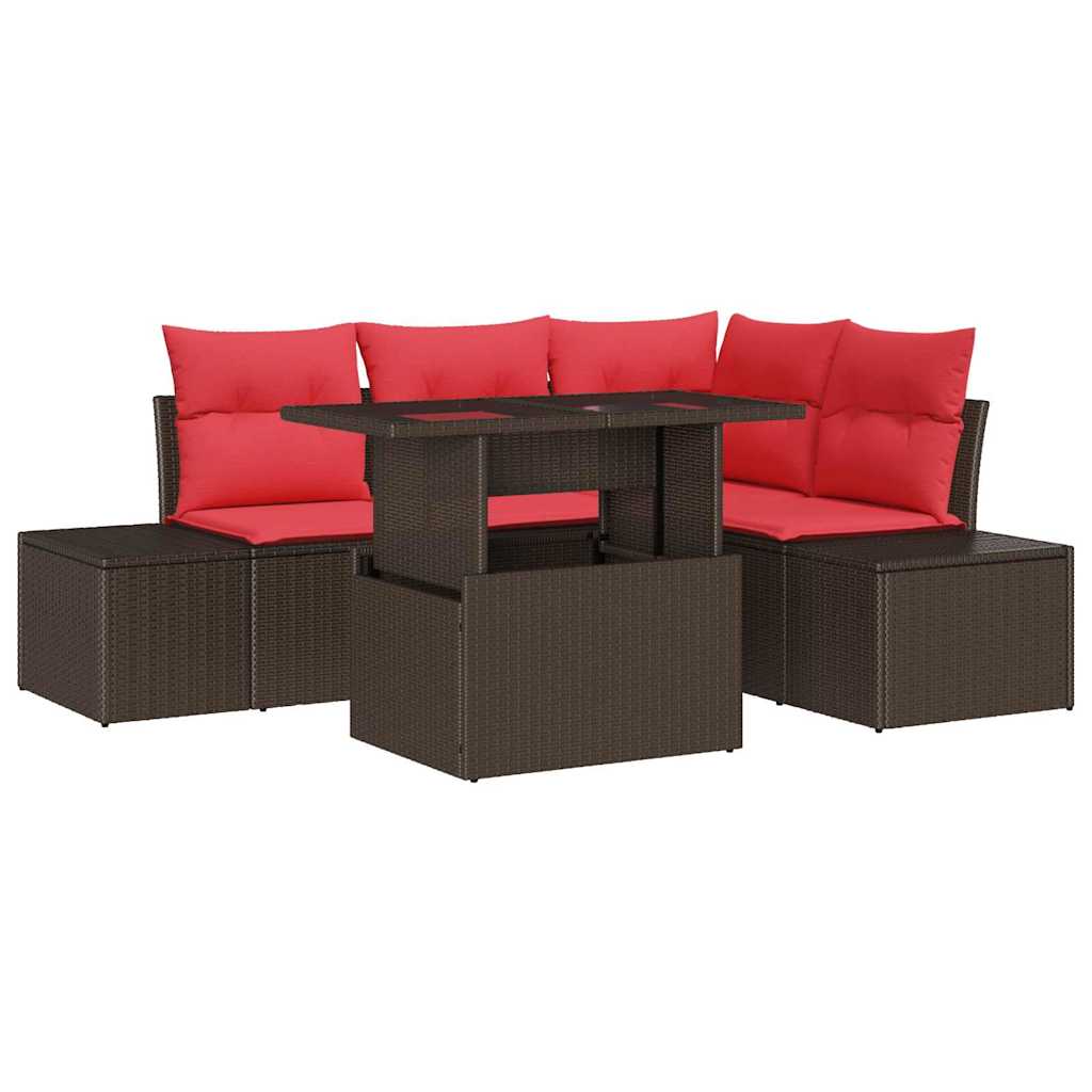 Havesofa Sæt med pude 6 pcs Brun og Rød polyrattan