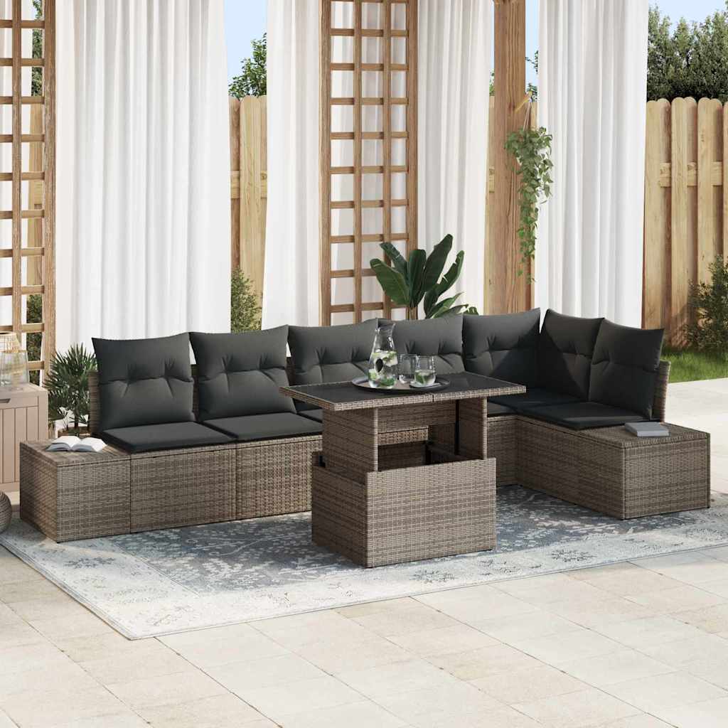 Havesofa Sæt 7 pcs Grå Polyrattan og pulverlakeret stål og glas