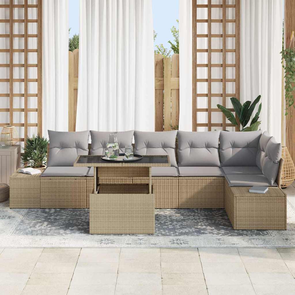 Havesofa Sæt med pude 7 pcs Beige og lys grå polyrattan