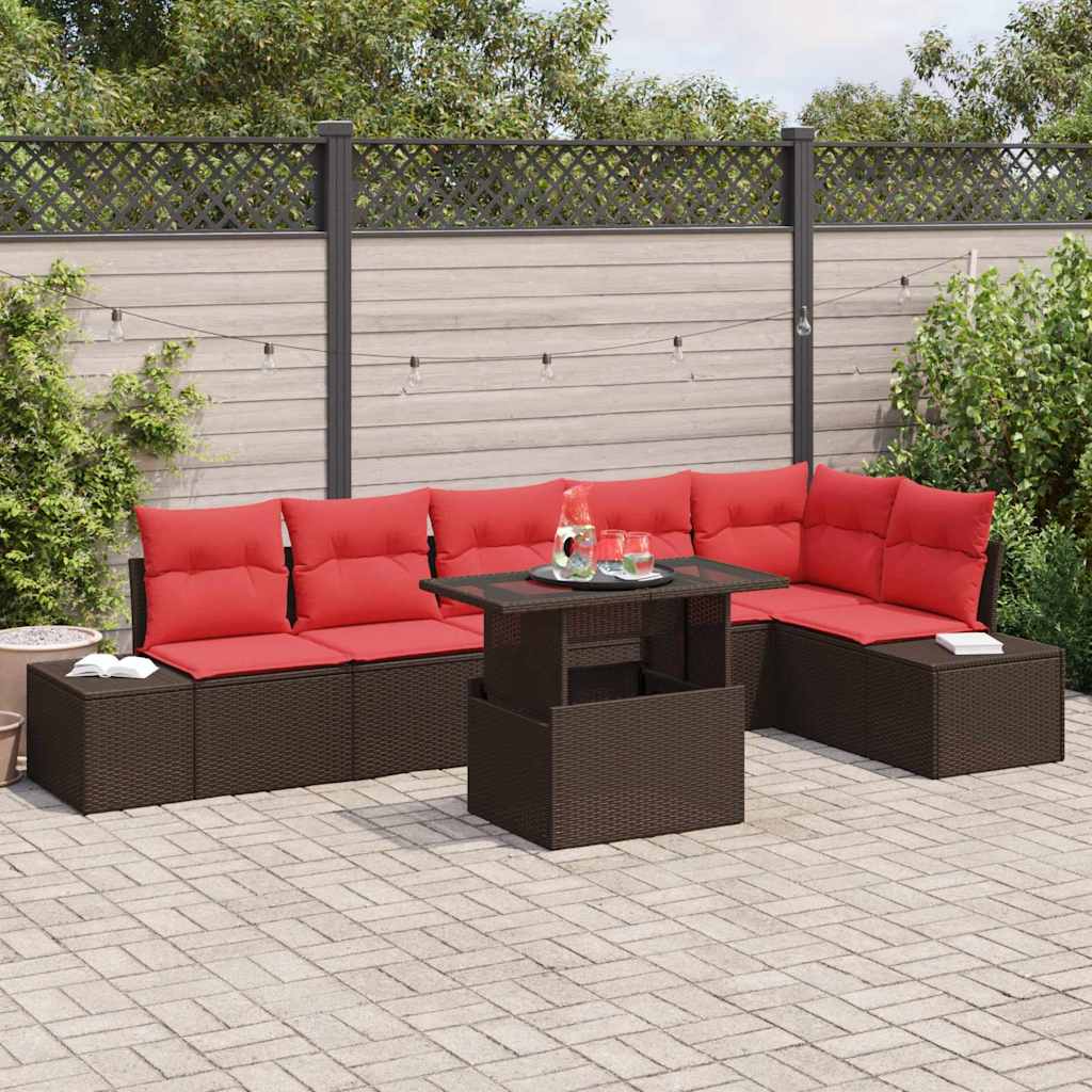 Havesofa Sæt med pude 7 pcs Brun og Rød polyrattan
