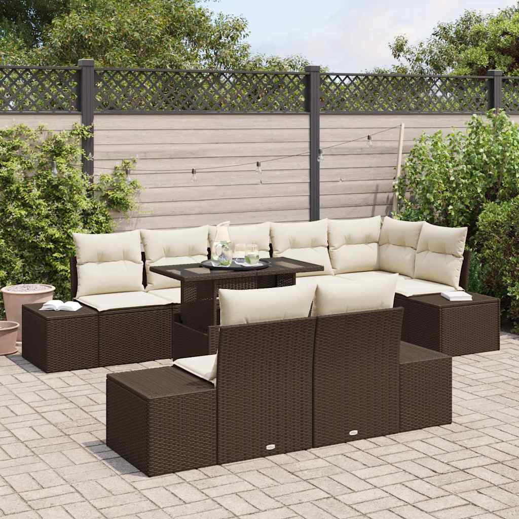 Havesofa Sæt med pude 9 pcs Brun og Creme polyrattan