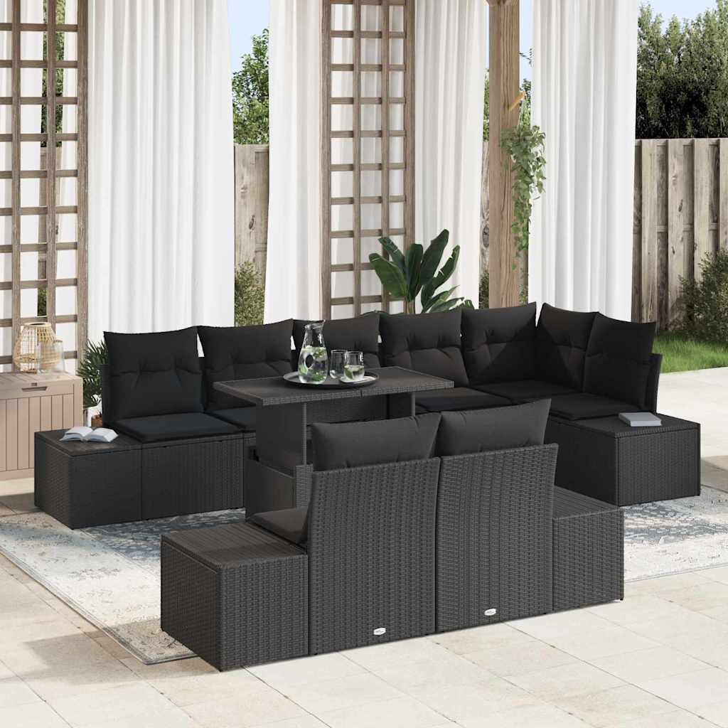 Havesofa Sæt med pude 9 pcs Sort polyrattan