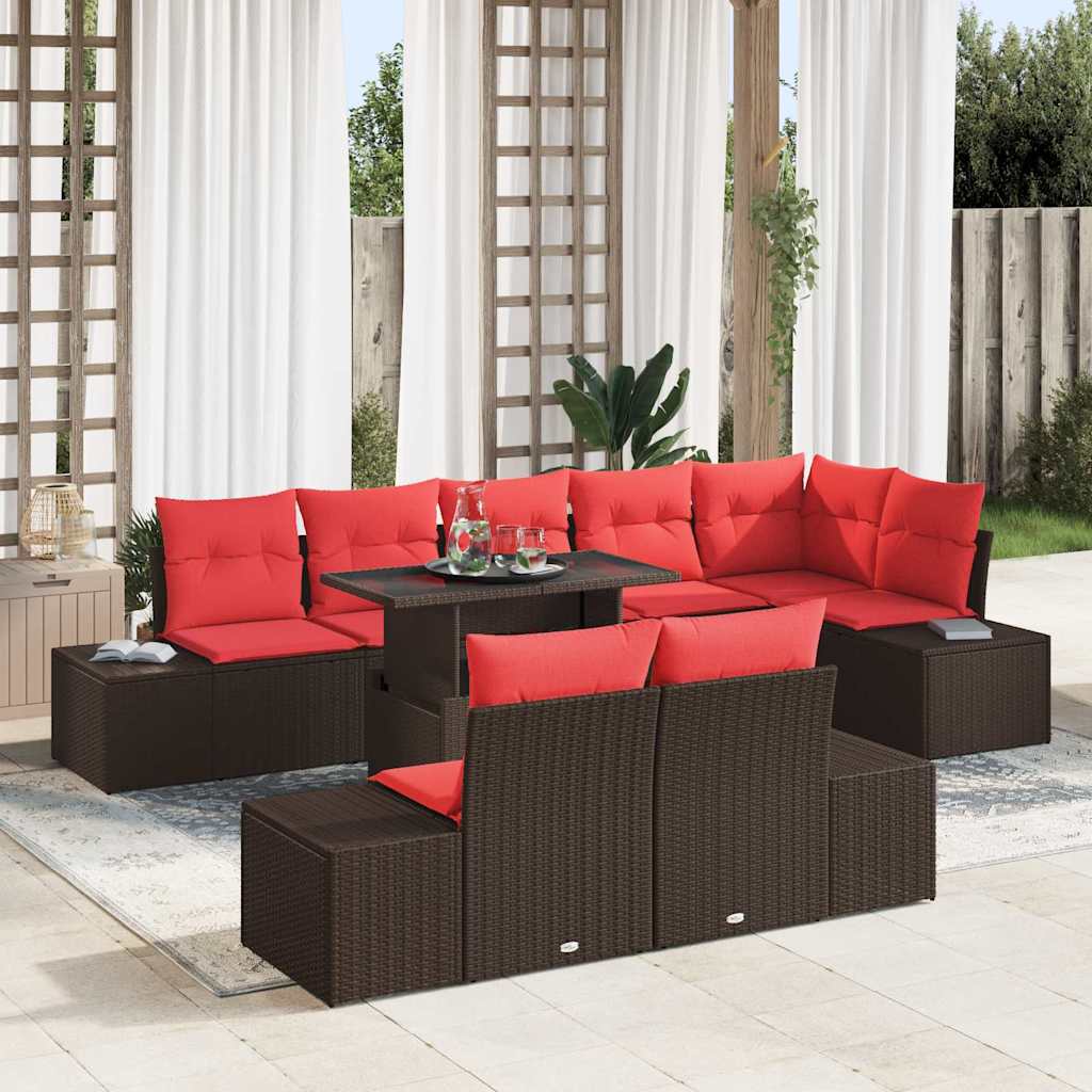 Havesofa Sæt med pude 9 pcs Brun og Rød polyrattan billede