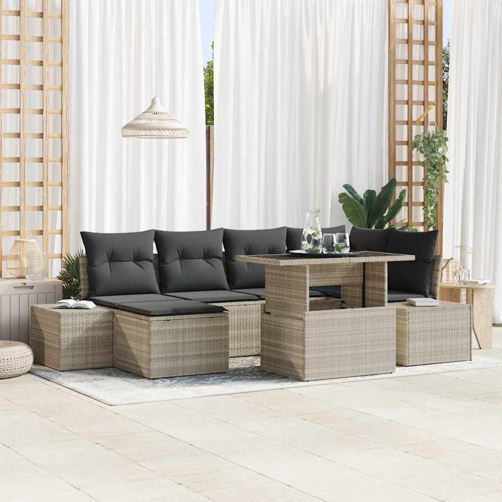 Havesofa Sæt 7 pcs Lysegrå Polyrattan og pulverlakeret stål