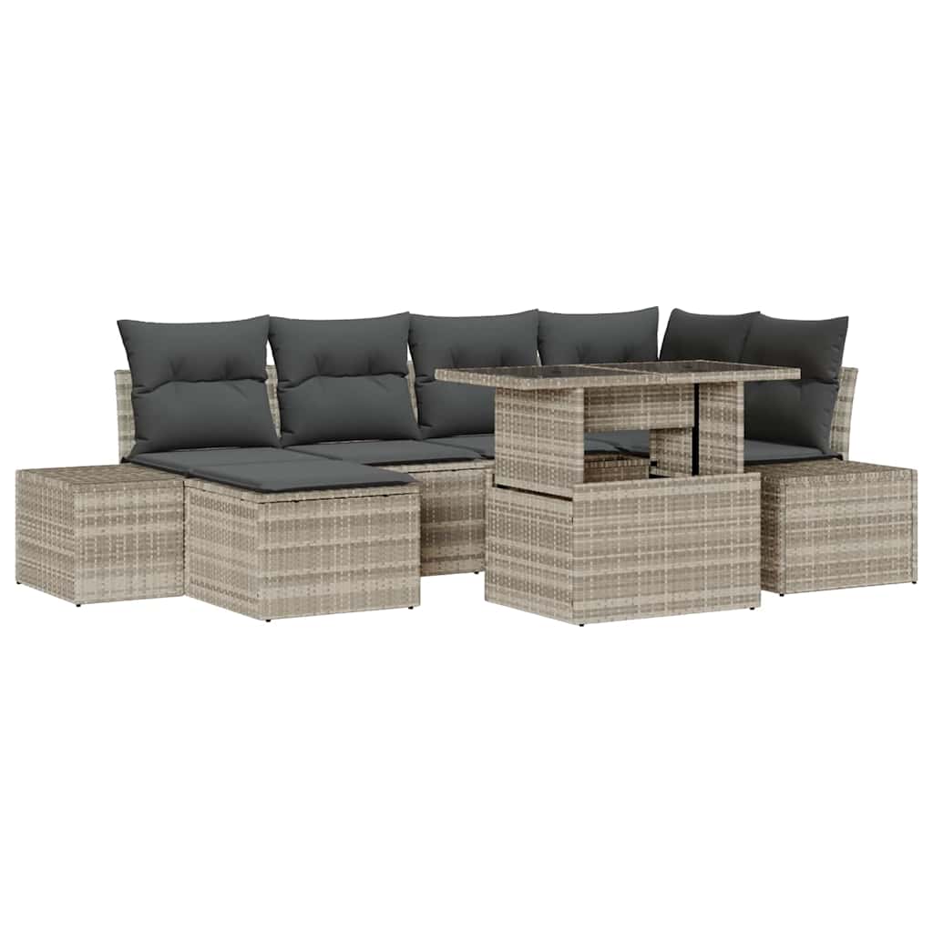 Havesofa Sæt 7 pcs Lysegrå Polyrattan og pulverlakeret stål