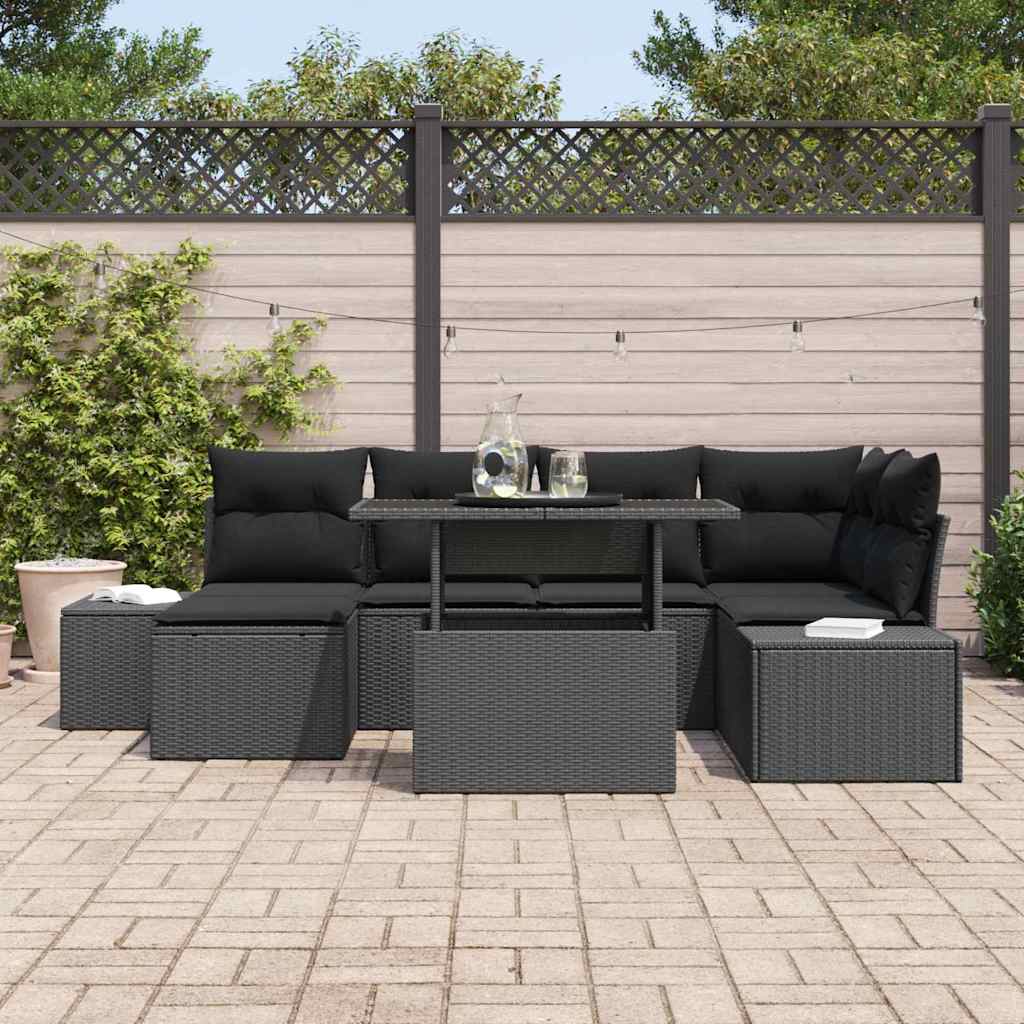 Havesofa Sæt 7 pcs Sort Polyrattan og pulverlakeret stål