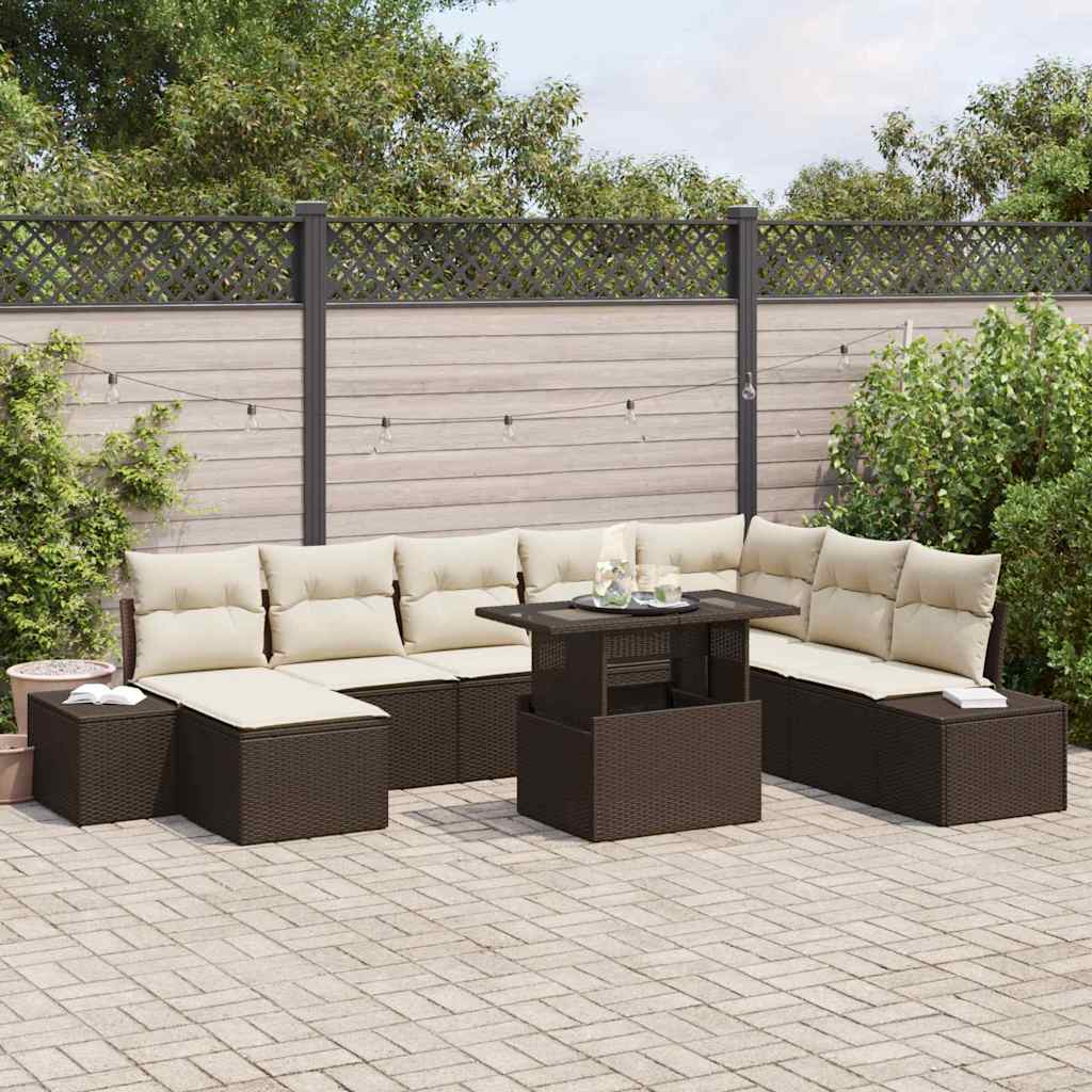 Havesofa Sæt med pude 9 pcs Brun og Creme polyrattan