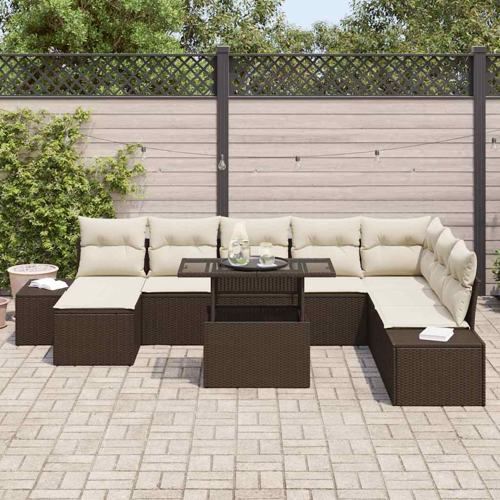 Havesofa Sæt med pude 9 pcs Brun og Creme polyrattan