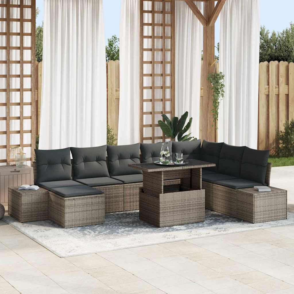 Havesofa Sæt med pude med opbevaring 9 pcs Grå polyrattan