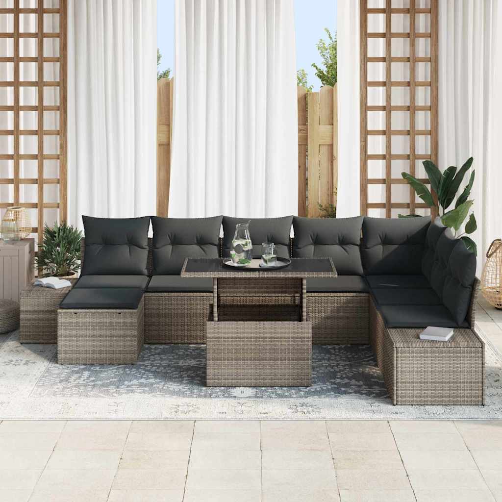 Havesofa Sæt med pude med opbevaring 9 pcs Grå polyrattan