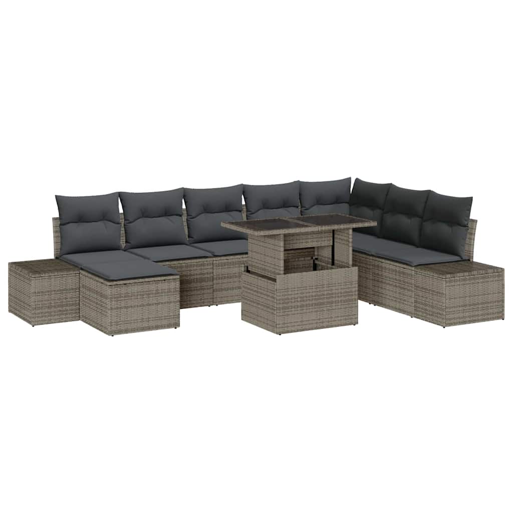 Havesofa Sæt med pude med opbevaring 9 pcs Grå polyrattan