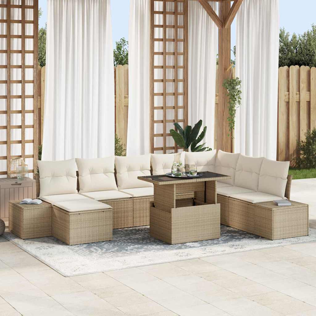 Havesofa Sæt med pude 9 pcs Beige og creme polyrattan