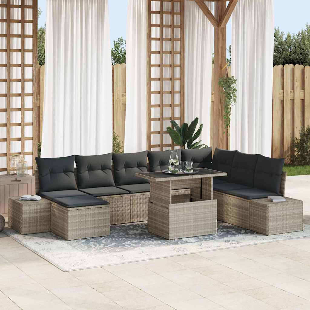 Havesofa Sæt med pude med opbevaring 9 pcs Lysegrå polyrattan