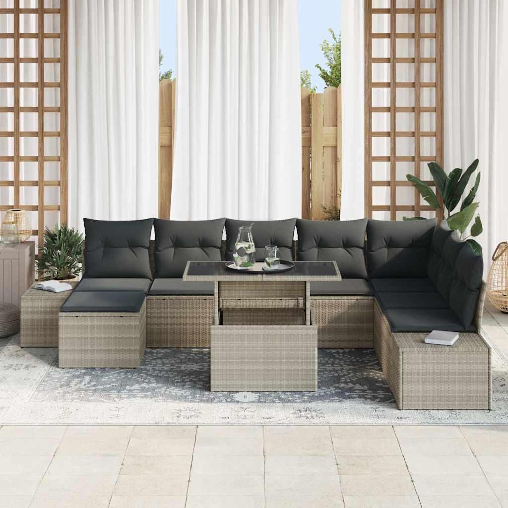 Havesofa Sæt med pude med opbevaring 9 pcs Lysegrå polyrattan