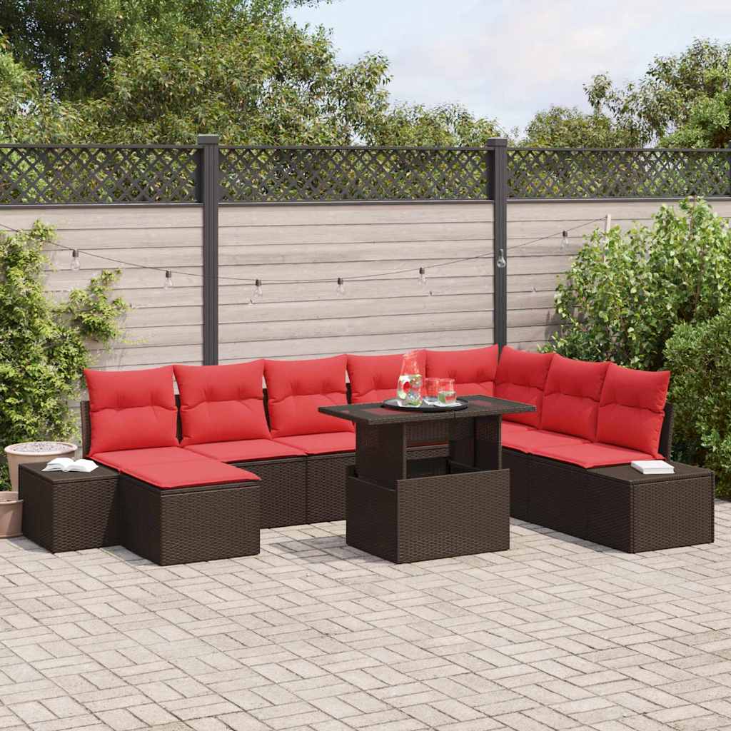 Havesofa Sæt med pude 9 pcs Brun og Rød polyrattan