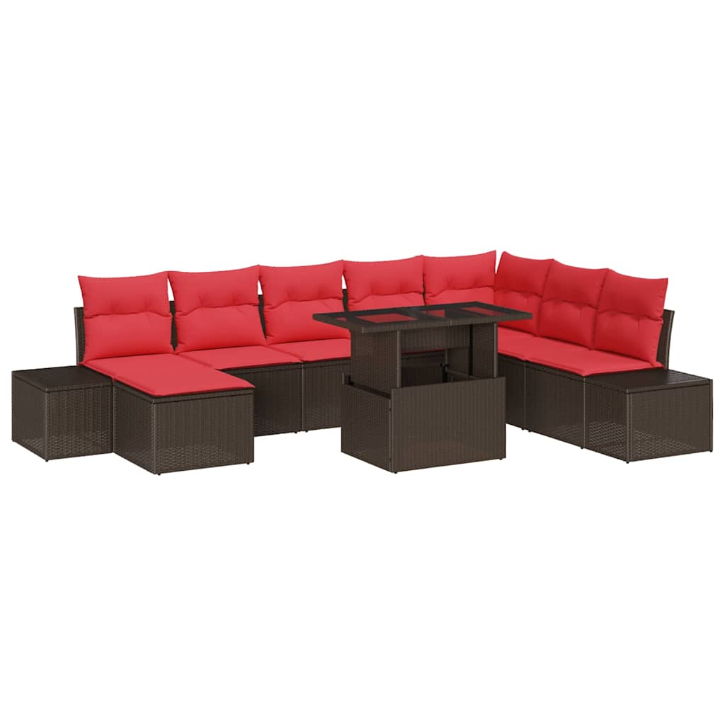 Havesofa Sæt med pude 9 pcs Brun og Rød polyrattan