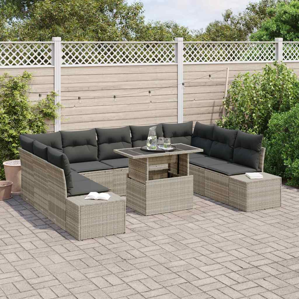 Havesofa Sæt 10 pcs Lysegrå Polyrattan og pulverlakeret stål