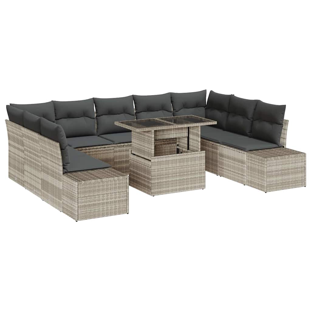 Havesofa Sæt 10 pcs Lysegrå Polyrattan og pulverlakeret stål