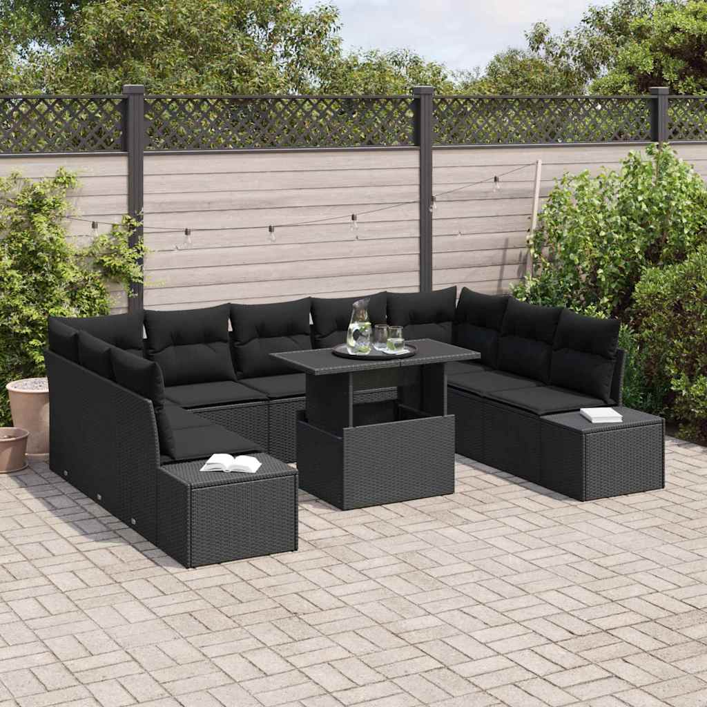 Havesofa Sæt med pude 10 pcs Sort polyrattan