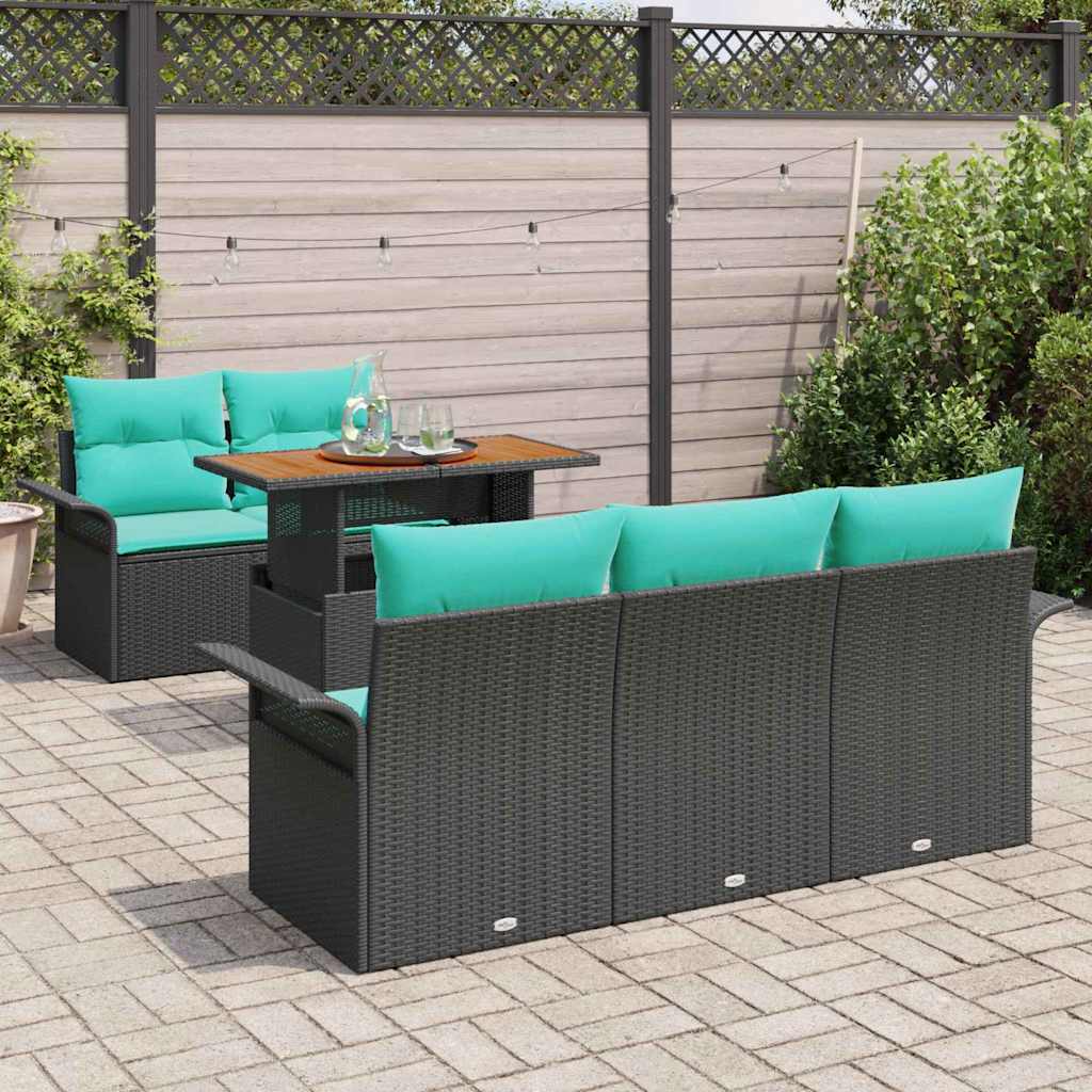 Havesofa Sæt 6 pcs Sort og blå Polyrattan og pulverlakeret stål