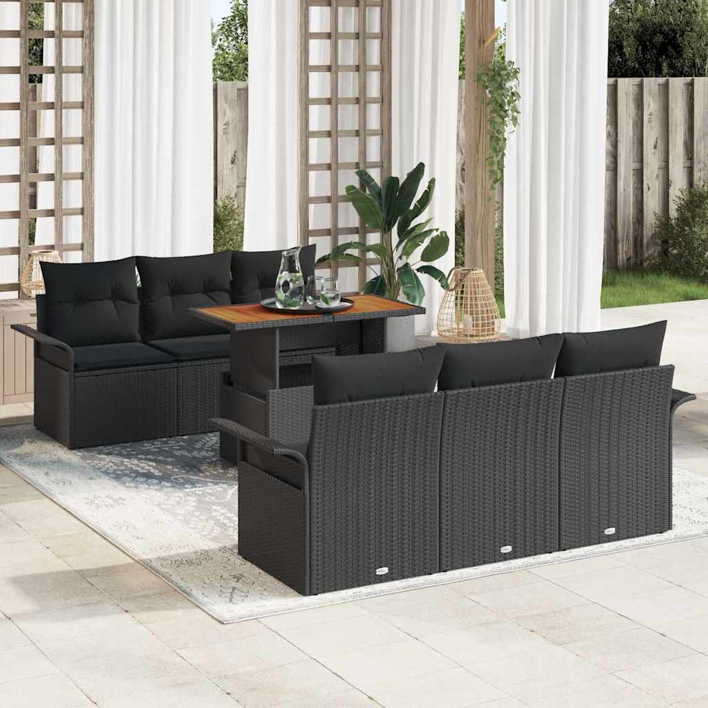 Havesofa Sæt 7 pcs Sort Polyrattan og pulverlakeret stål