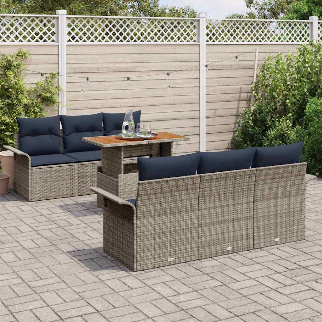 Havesofa Sæt med pude 7 pcs Grå og Marineblå polyrattan