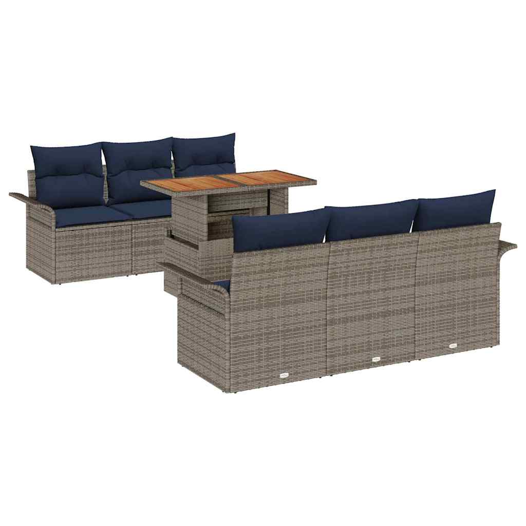 Havesofa Sæt med pude 7 pcs Grå og Marineblå polyrattan