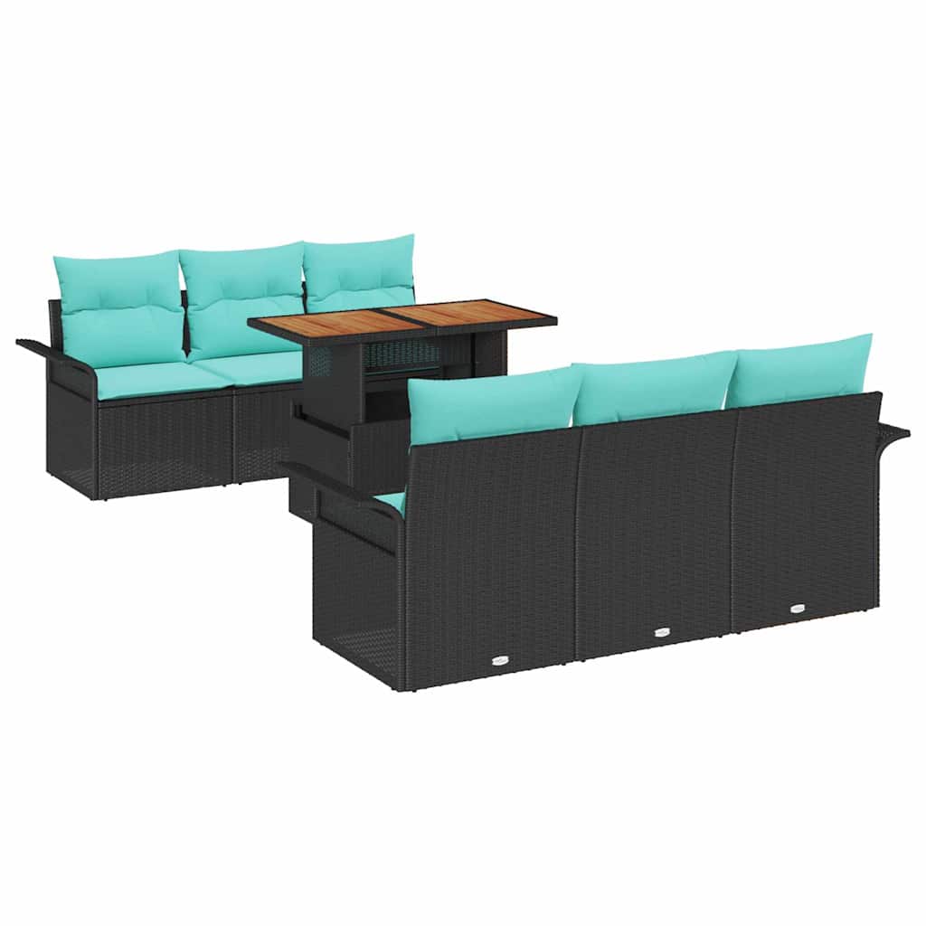 Havesofa Sæt med pude 7 pcs Sort og Blå polyrattan