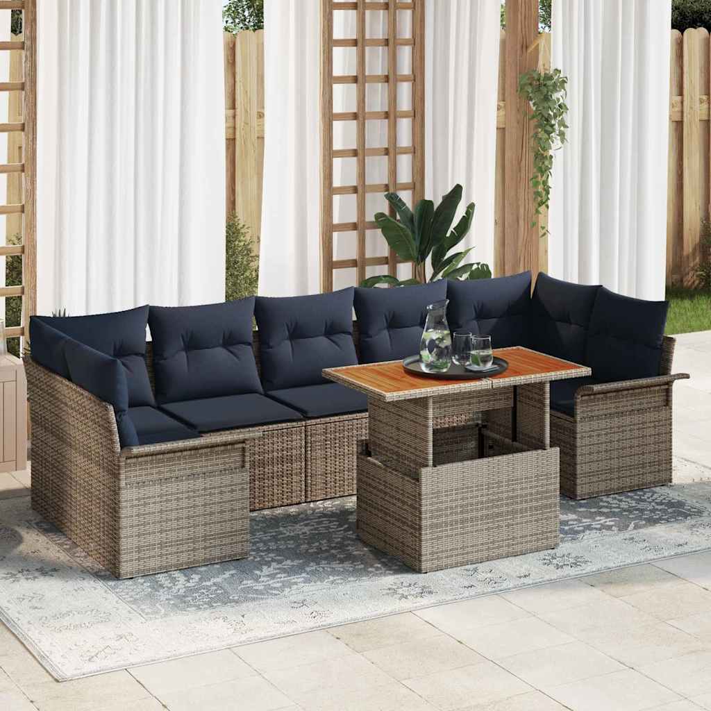 Havesofa Sæt med pude 8 pcs Grå og Marineblå polyrattan