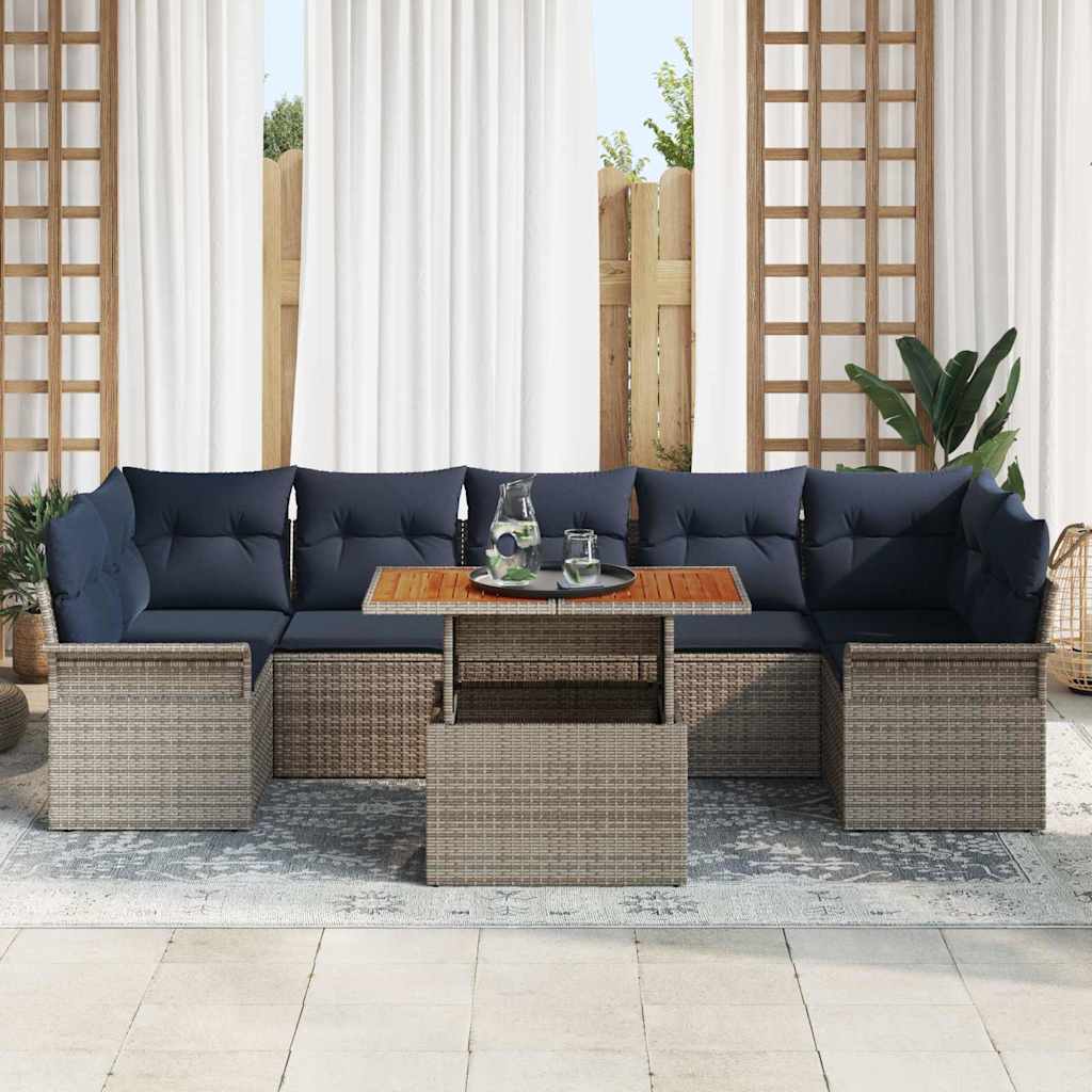 Havesofa Sæt med pude 8 pcs Grå og Marineblå polyrattan