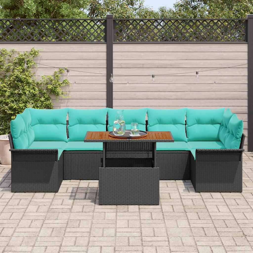Havesofa Sæt med pude 8 pcs Sort og Blå polyrattan