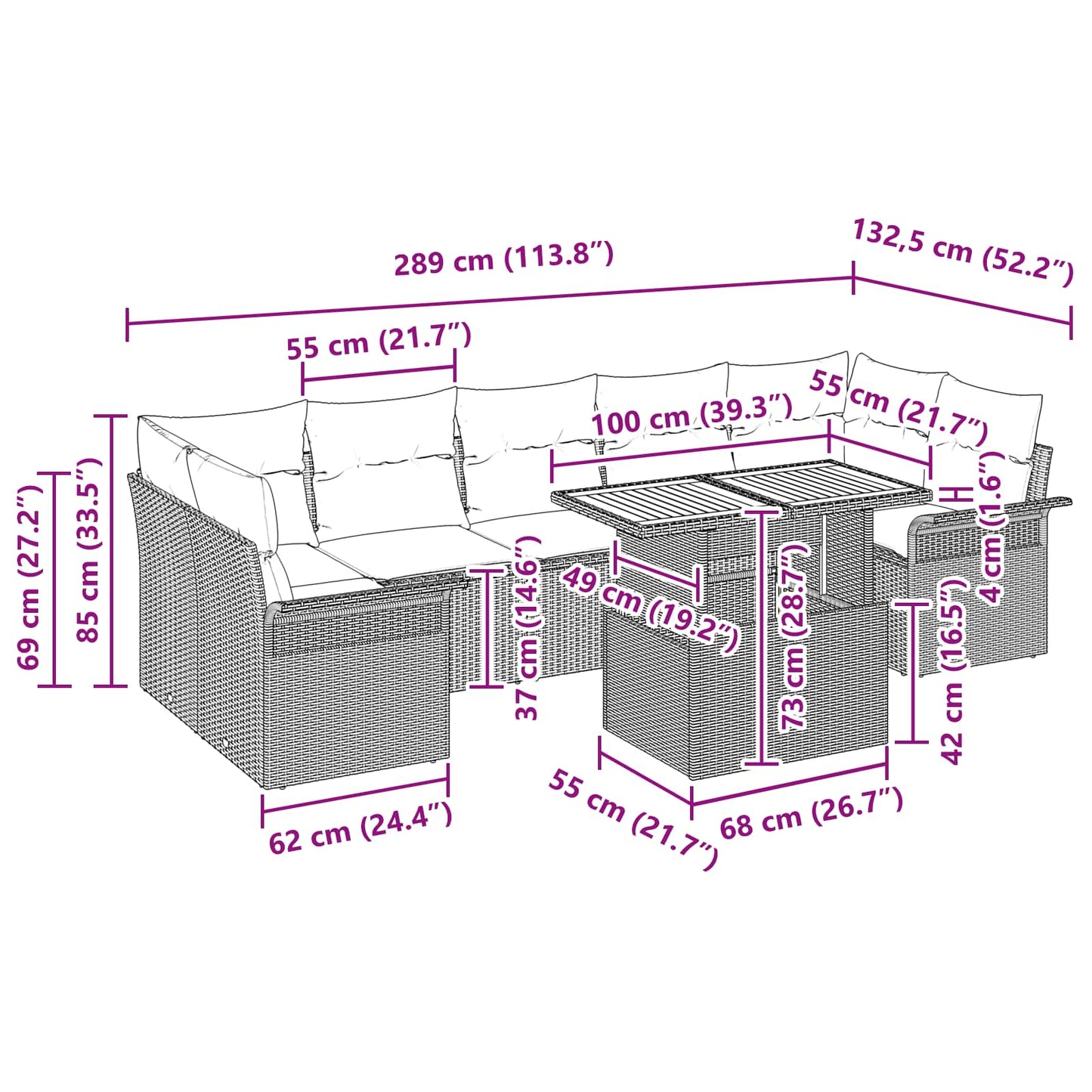 Havesofa Sæt med pude 8 pcs Sort og Blå polyrattan