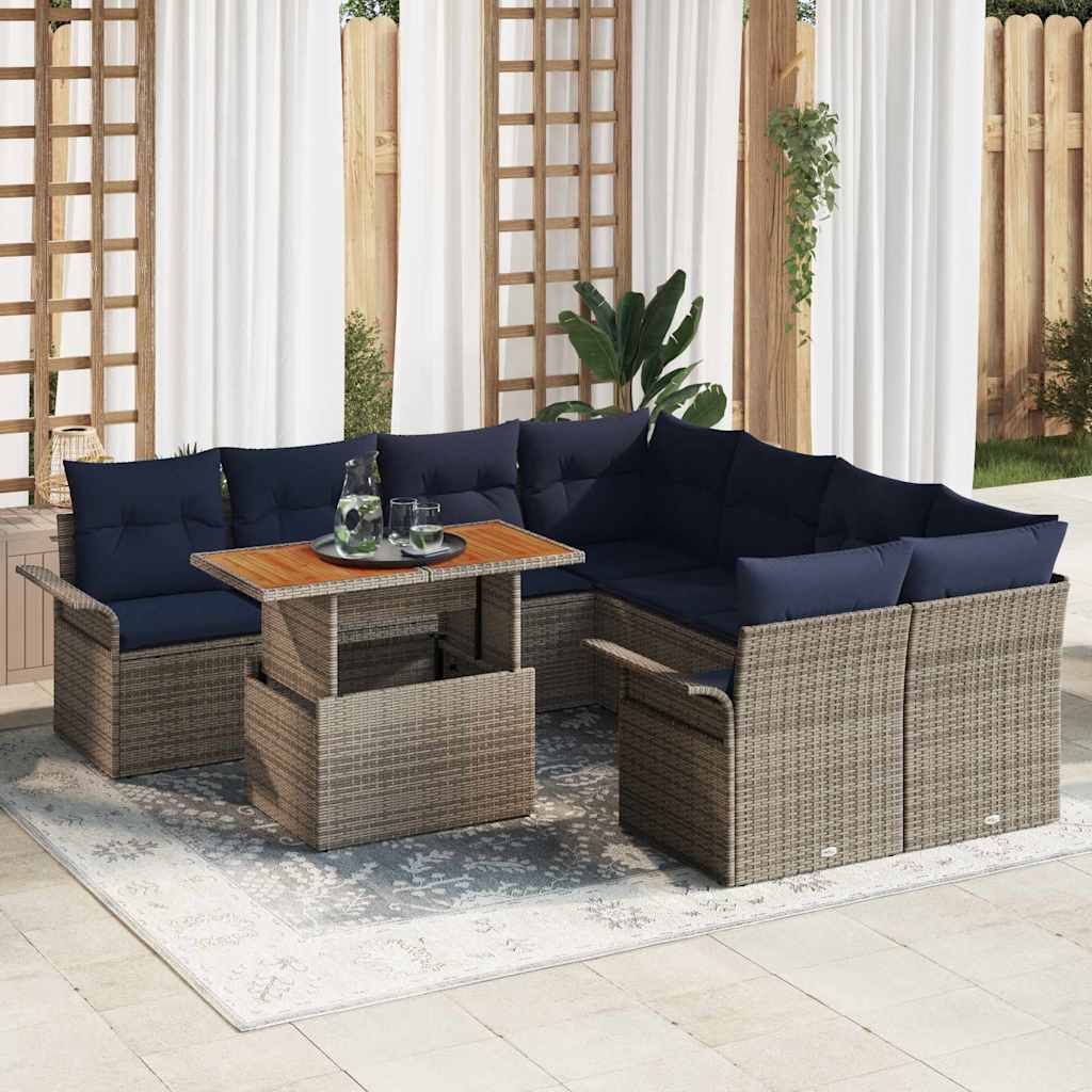 Havesofa Sæt med pude 9 pcs Grå og Marineblå polyrattan