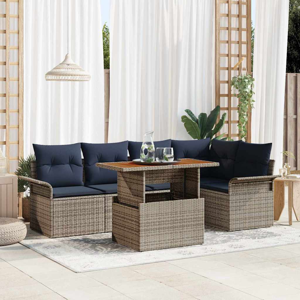 Havesofa Sæt med pude 6 pcs Grå og Marineblå polyrattan