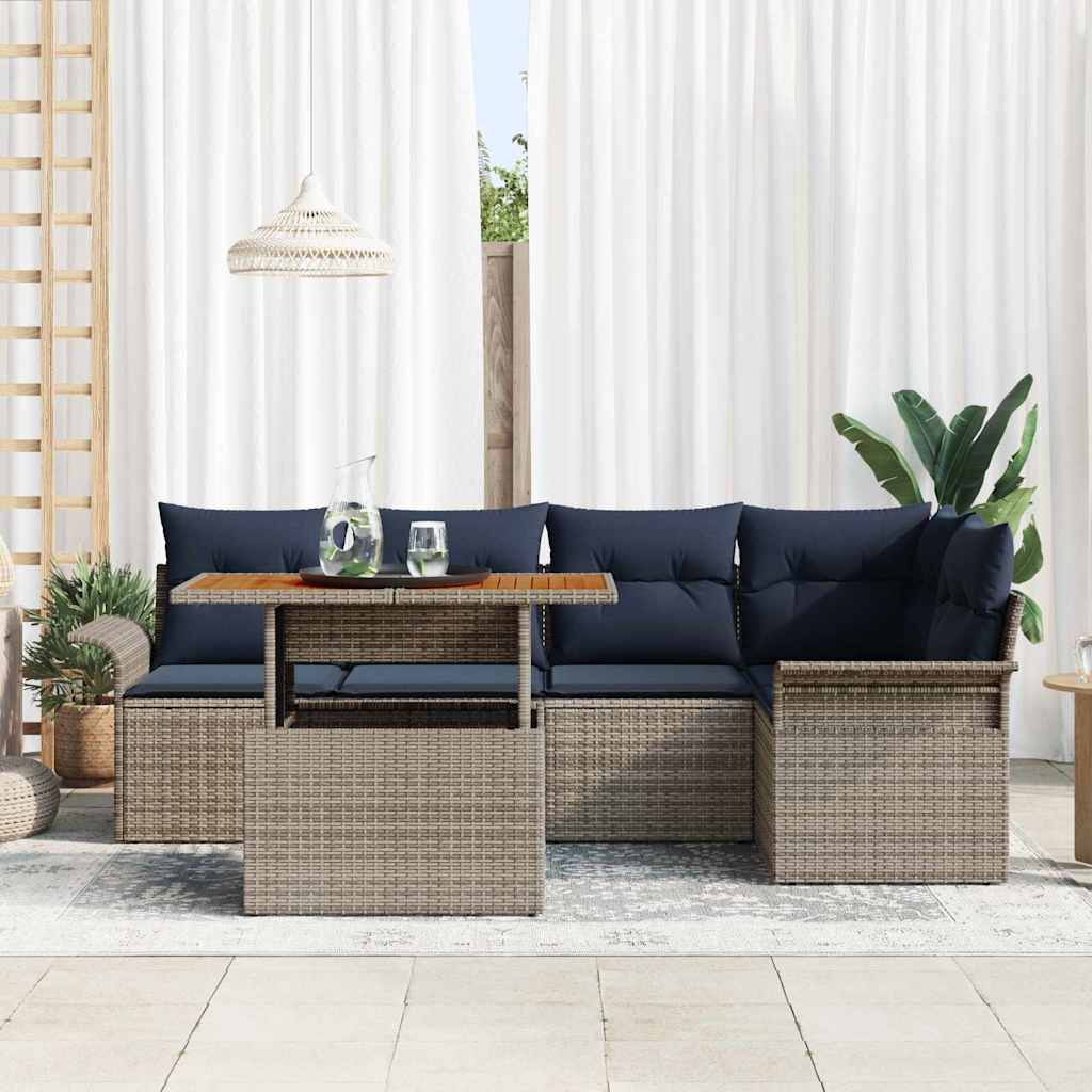 Havesofa Sæt med pude 6 pcs Grå og Marineblå polyrattan