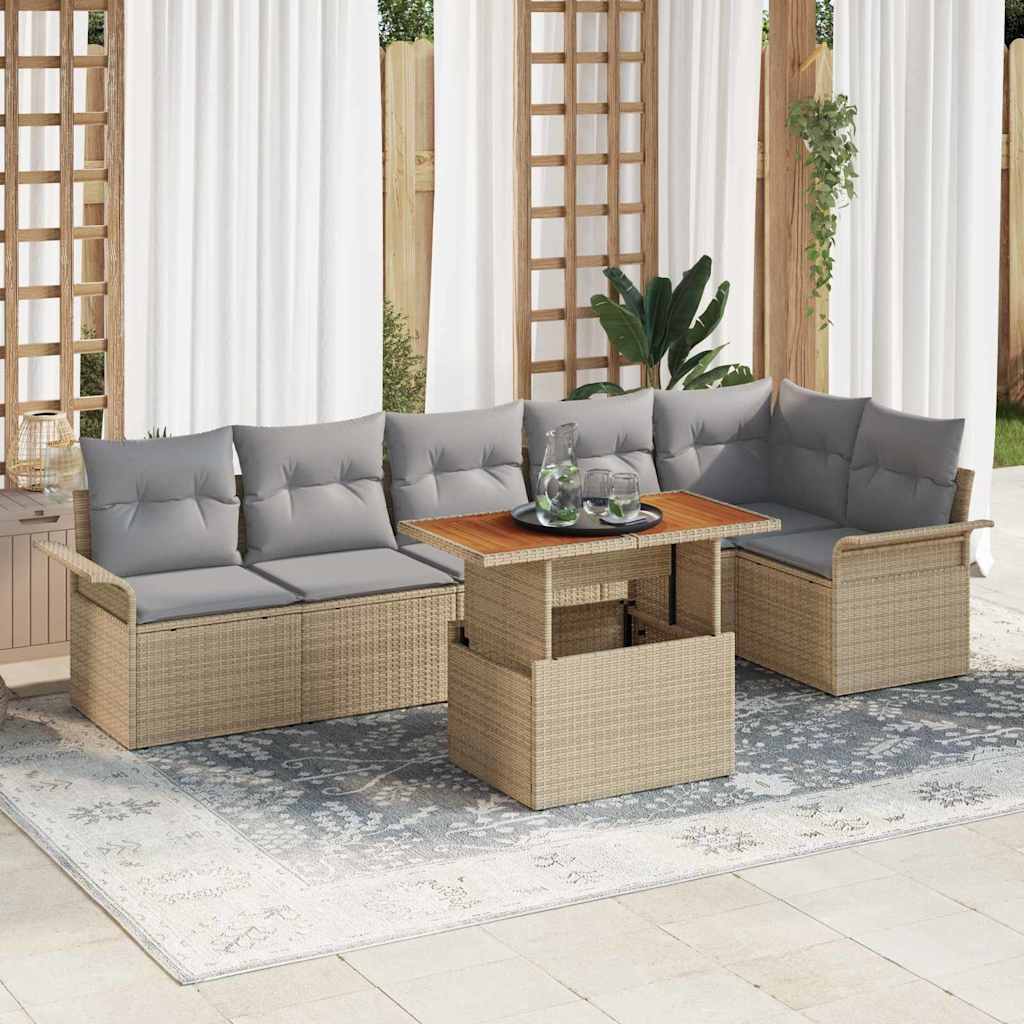 Havesofa Sæt med pude 7 pcs Beige og lys grå polyrattan