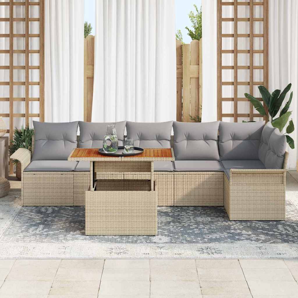 Havesofa Sæt med pude 7 pcs Beige og lys grå polyrattan