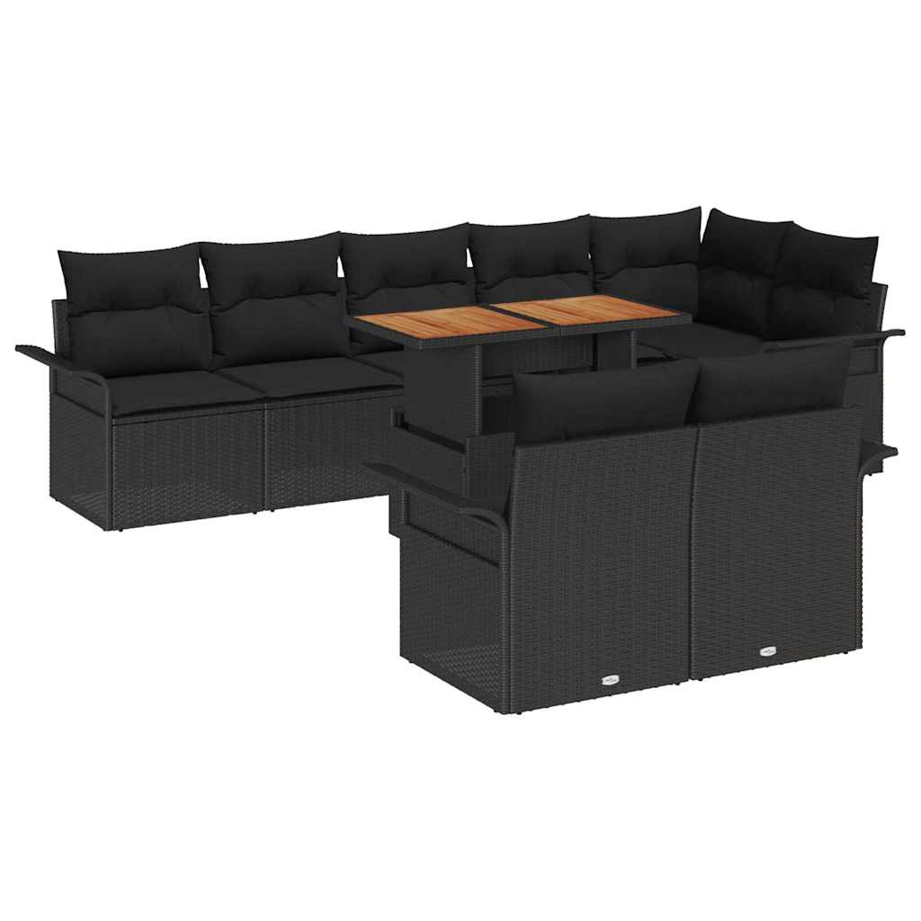 Havesofa Sæt med pude 9 pcs Sort polyrattan