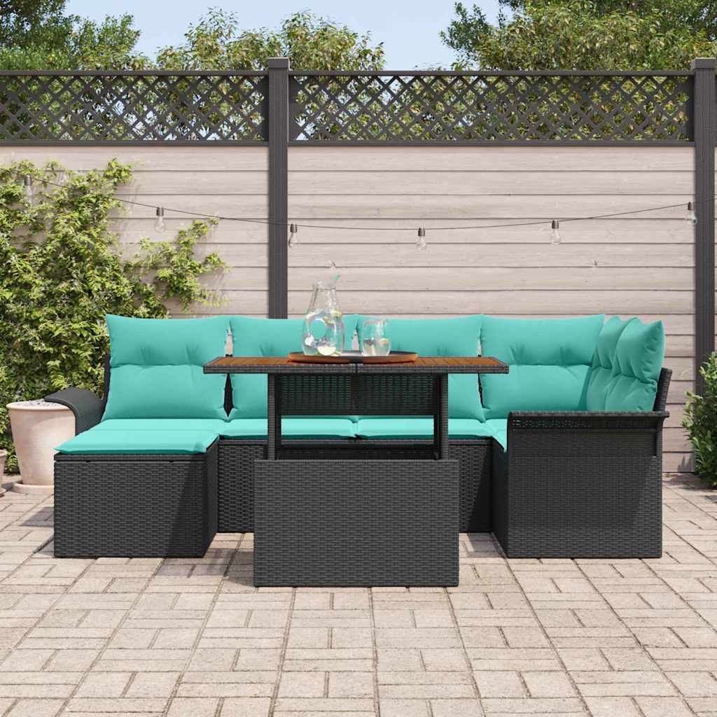 Havesofa Sæt 7 pcs Sort og blå Polyrattan og pulverlakeret stål
