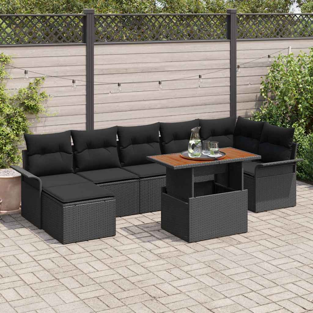 Havesofa Sæt med pude 8 pcs Sort polyrattan