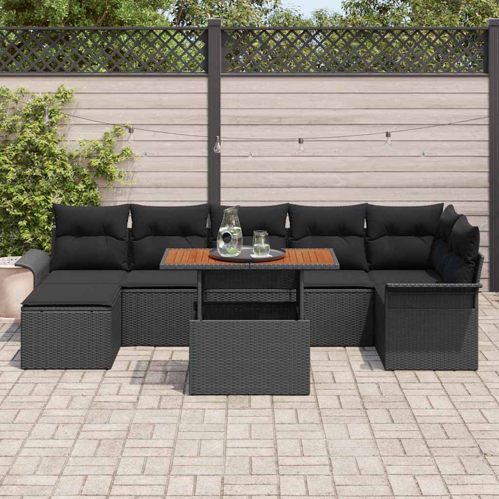 Havesofa Sæt med pude 8 pcs Sort polyrattan
