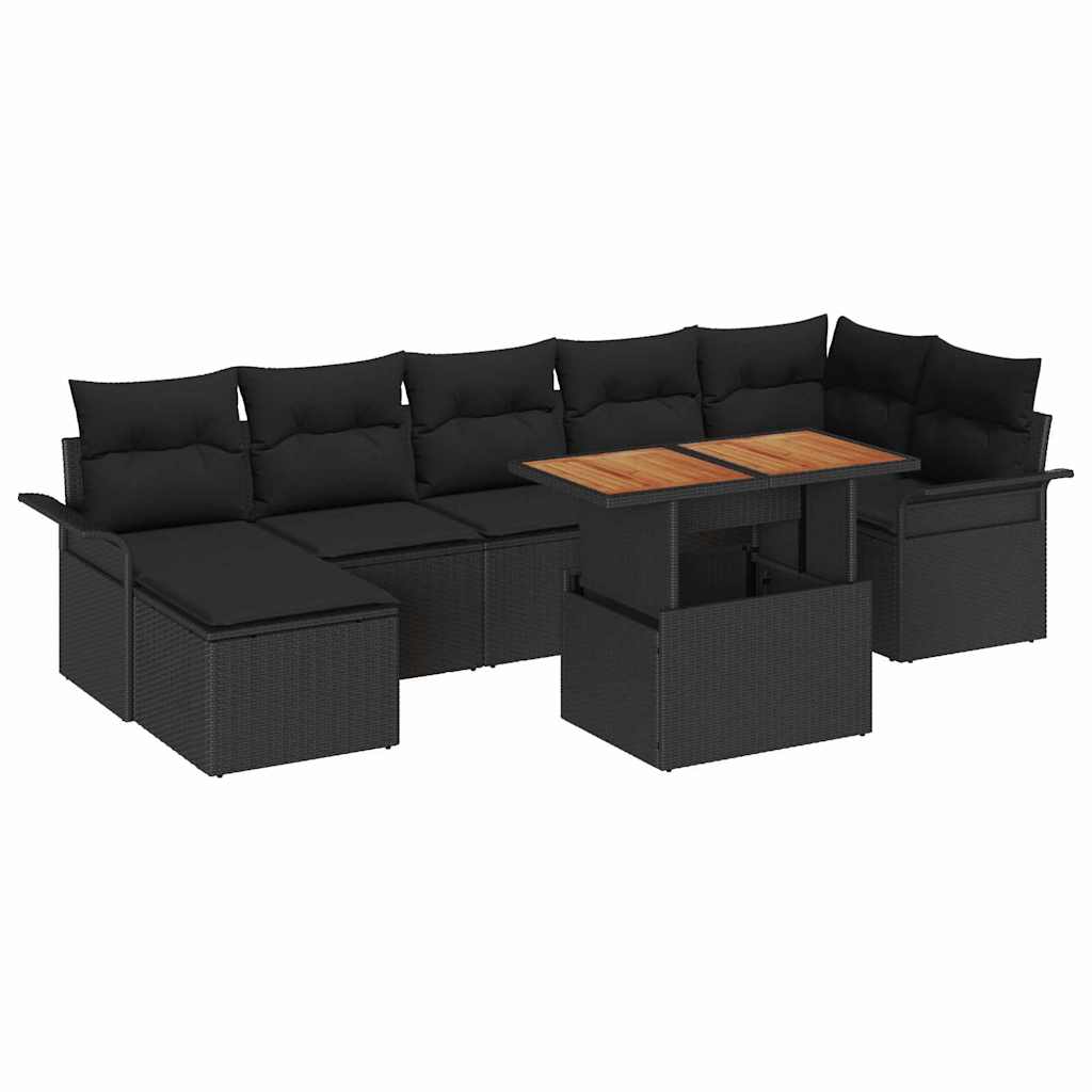 Havesofa Sæt med pude 8 pcs Sort polyrattan