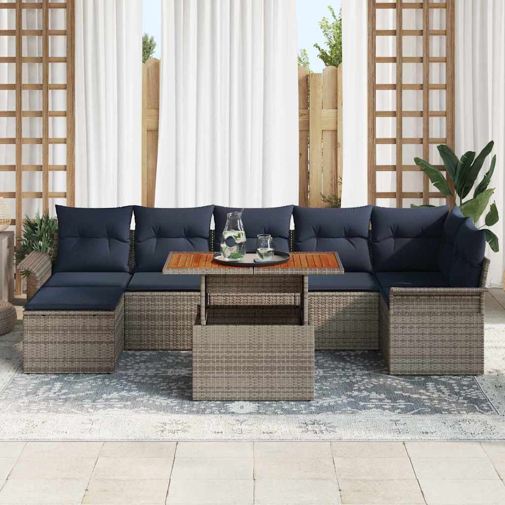 Havesofa Sæt med pude 8 pcs Grå og Marineblå polyrattan
