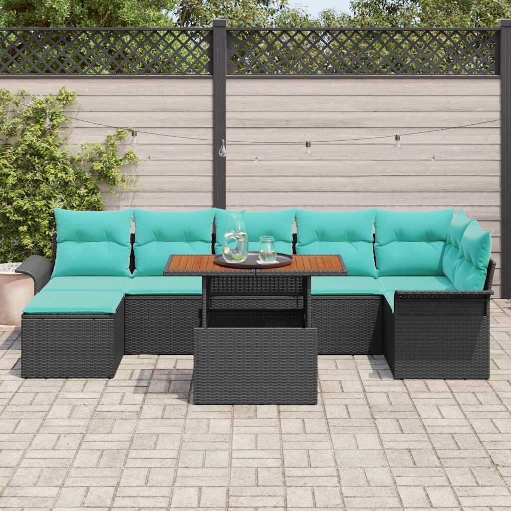 Havesofa Sæt med pude 8 pcs Sort og Blå polyrattan