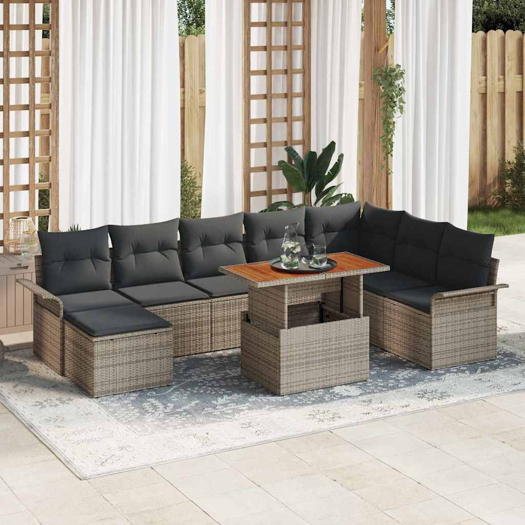 Havesofa Sæt 9 pcs Grå Polyrattan og pulverlakeret stål