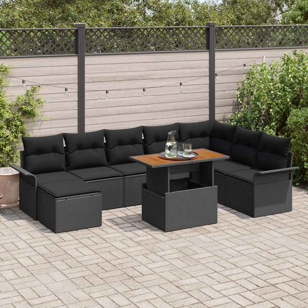 Havesofa Sæt 9 pcs Sort Polyrattan og pulverlakeret stål