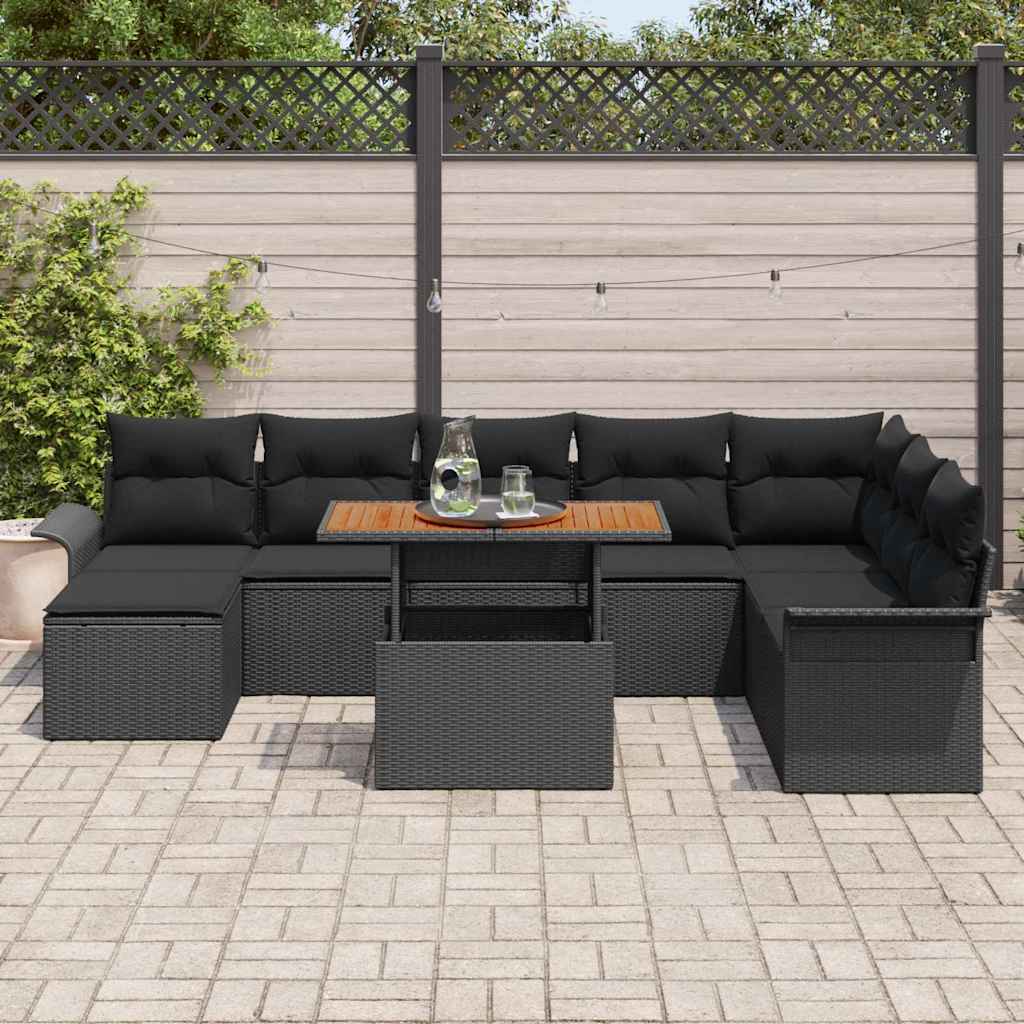 Havesofa Sæt 9 pcs Sort Polyrattan og pulverlakeret stål