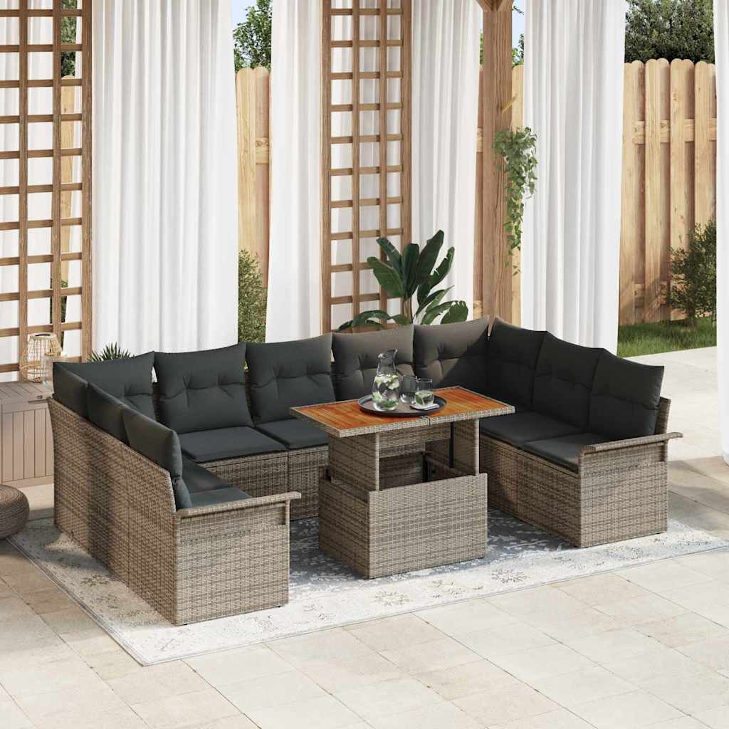 Havesofa Sæt 10 pcs Grå Polyrattan og pulverlakeret stål
