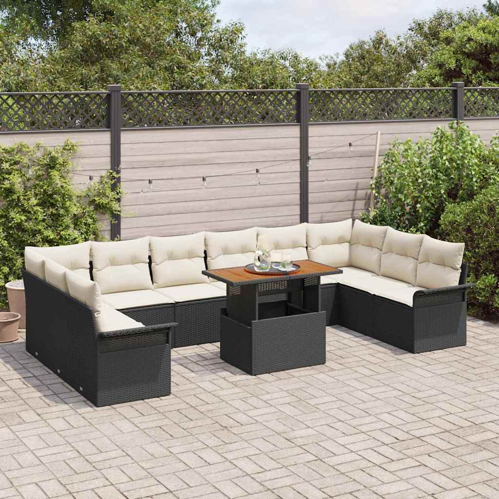 Havesofa Sæt med pude 11 pcs Sort og Cream polyrattan